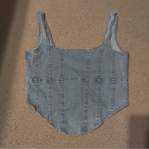 REVOLVE OW Collection Demi Blue Denim Tank Top Sleeveless Zipper Back Cropped - Picture 3 of 8